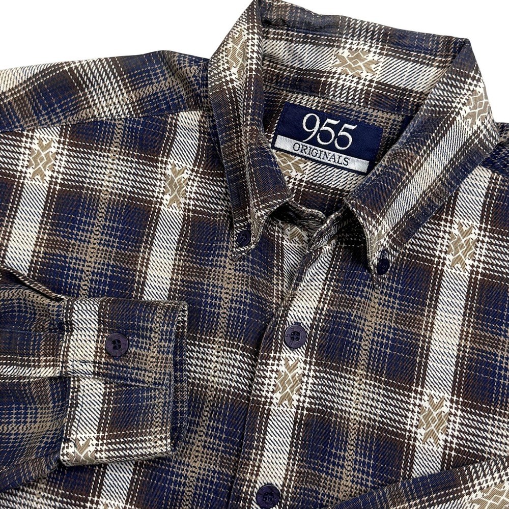 Vintage 955 Originals Men's Plaid Button Down Shirt Blue Brown Tan Size Medium